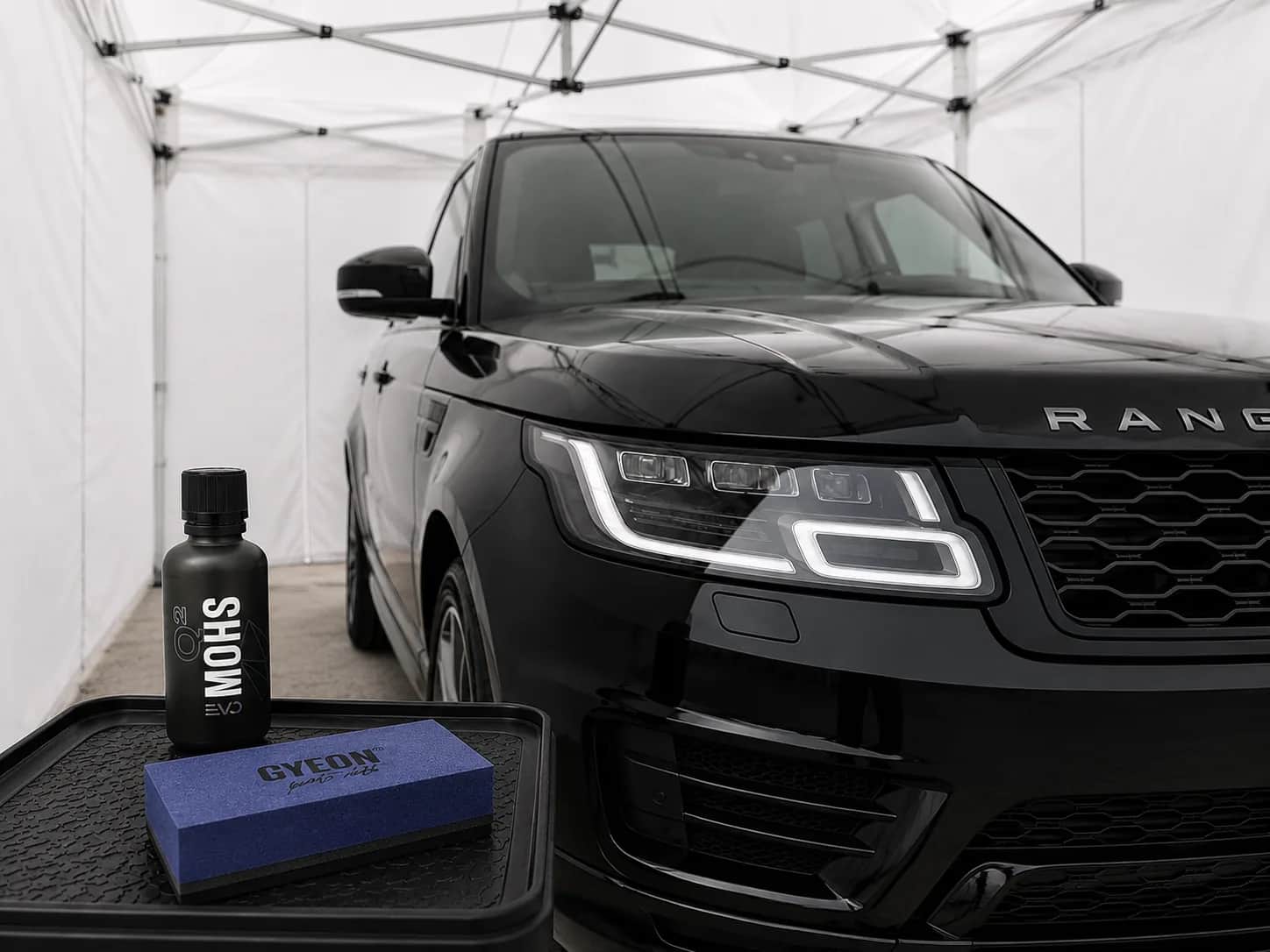 GYEON Mohs EVO ceramic coating setup for a Range Rover in Halifax Range Rover prepared for GYEON Mohs EVO ceramic coating under WCAP Detailing canopy coverage